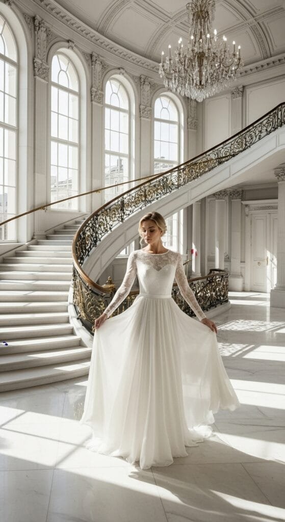 Een stralende vrouw in een elegante witte bruidsjurk met lange kanten mouwen en een wijdvallende rok, staat gracieus op een gepolijste marmeren vloer. Op de achtergrond is een imposante, klassieke witte hal te zien met een majestueuze gouden wenteltrap, grote boogvensters en een schitterende kristallen kroonluchter, wat een dromerige en luxueuze sfeer creëert voor deze bruidsmode. Ideaal voor webshops die hoogwaardige trouwjurken aanbieden.