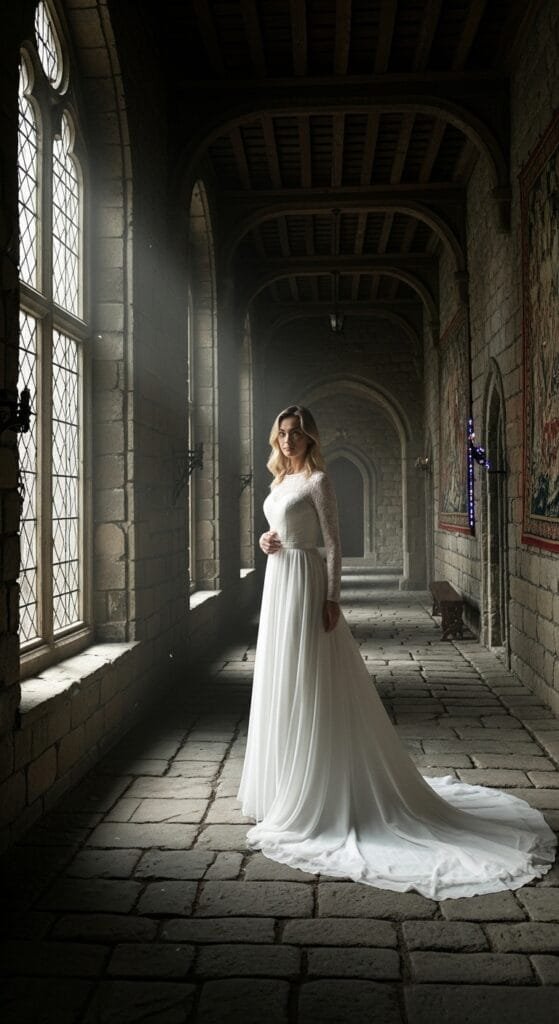 Een statige bruid poseert in een adembenemende witte trouwjurk met lange kanten mouwen en een vloeiende A-lijn rok, staand in een dramatisch verlichte, historische kasteelhal met hoge gotische ramen en stenen muren, perfect voor bruidsmode webshops via ProductFotoAI.
