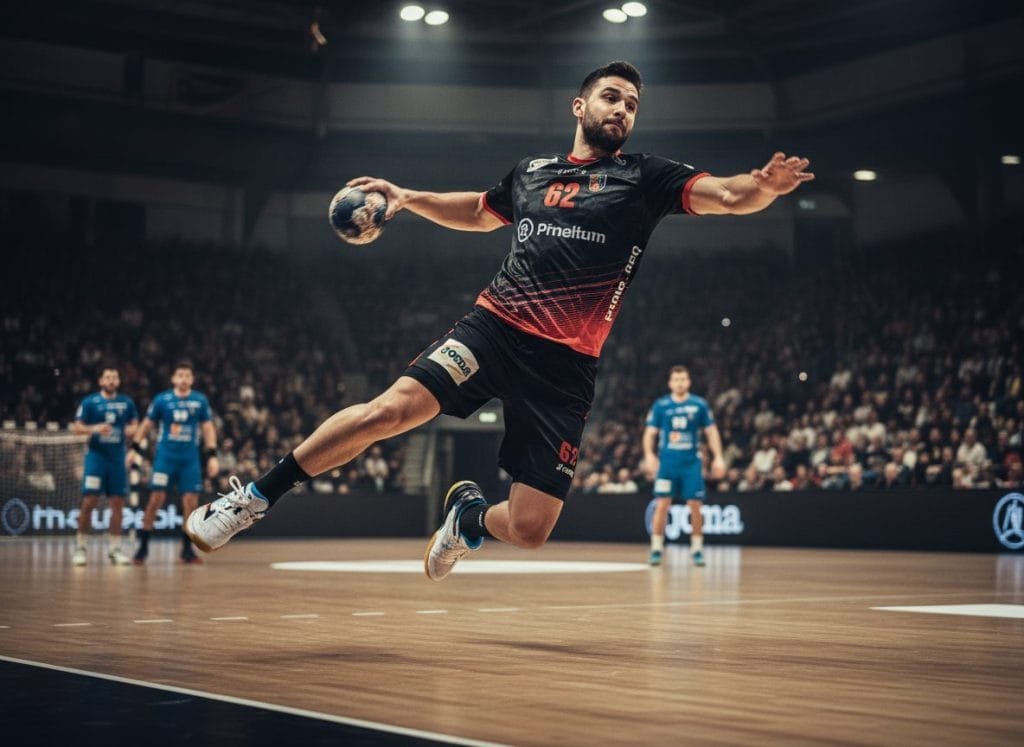 Dynamische actiefoto van een handbalspeler in een zwart-rood tenue (nummer 62) die een krachtig sprongschot uitvoert tijdens een wedstrijd, hoog in de lucht boven een houten indoor handbalveld, met gedetailleerde witte handbalschoenen die optimale grip tonen en een volle tribune op de achtergrond. Deze afbeelding is ideaal voor het promoten van handbalschoenen, sportkleding en handbaluitrusting.