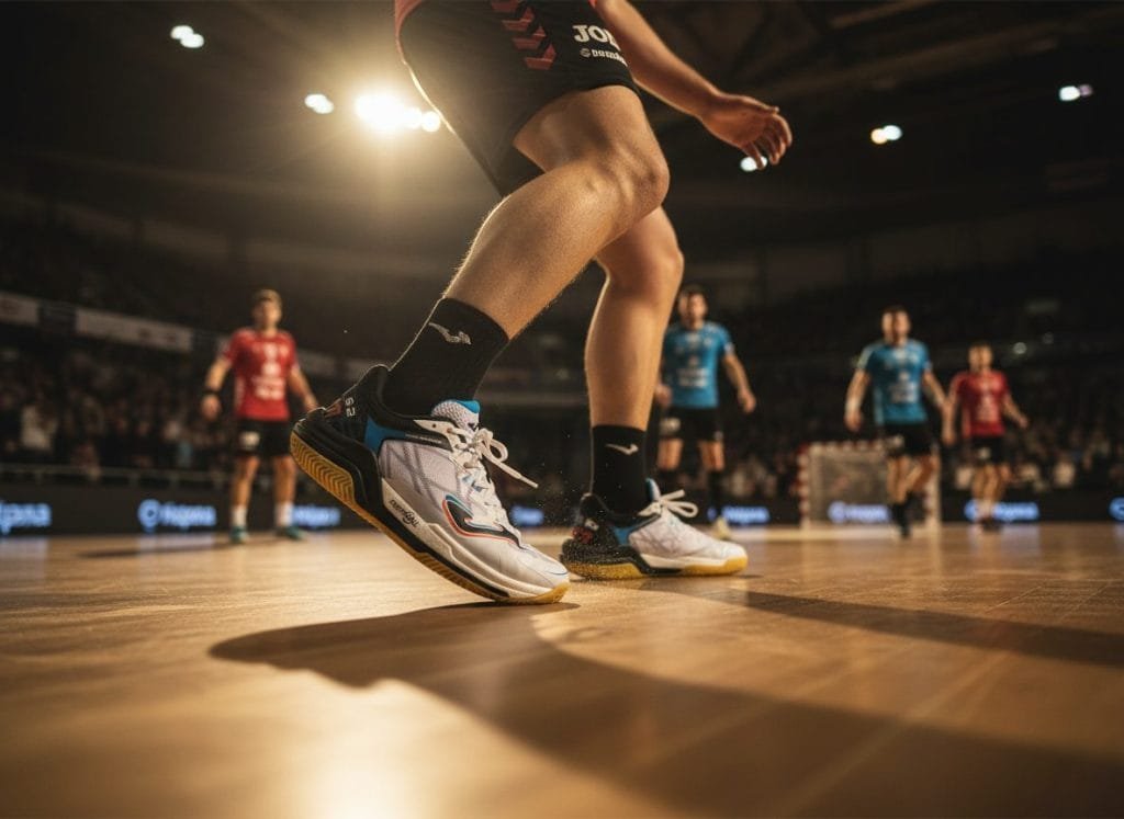 Dynamische close-up van witte heren handbalschoenen met blauwe en zwarte accenten en een gele gumzool, gedragen door een atleet in volle actie op een glimmende houten indoor handbalvloer. De afbeelding toont de superieure grip en wendbaarheid van de schoenen, met op de achtergrond wazig andere spelers in een verlichte sporthal, ideaal voor productpresentatie van handbalschoenen.