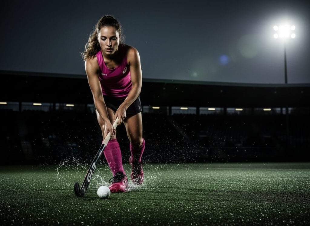 Een dynamische productfoto van een vrouwelijke hockeyspeelster in actie op een nat kunstgrasveld onder felle stadionverlichting. Ze draagt opvallende roze Asics hockeyschoenen, roze sokken, een roze mouwloze top en zwarte shorts. Met focus slaat ze tegen een witte hockeybal, waarbij water opspat, wat de intensiteit van de sport benadrukt. Perfect voor het promoten van Asics hockeyschoenen en sportkleding.