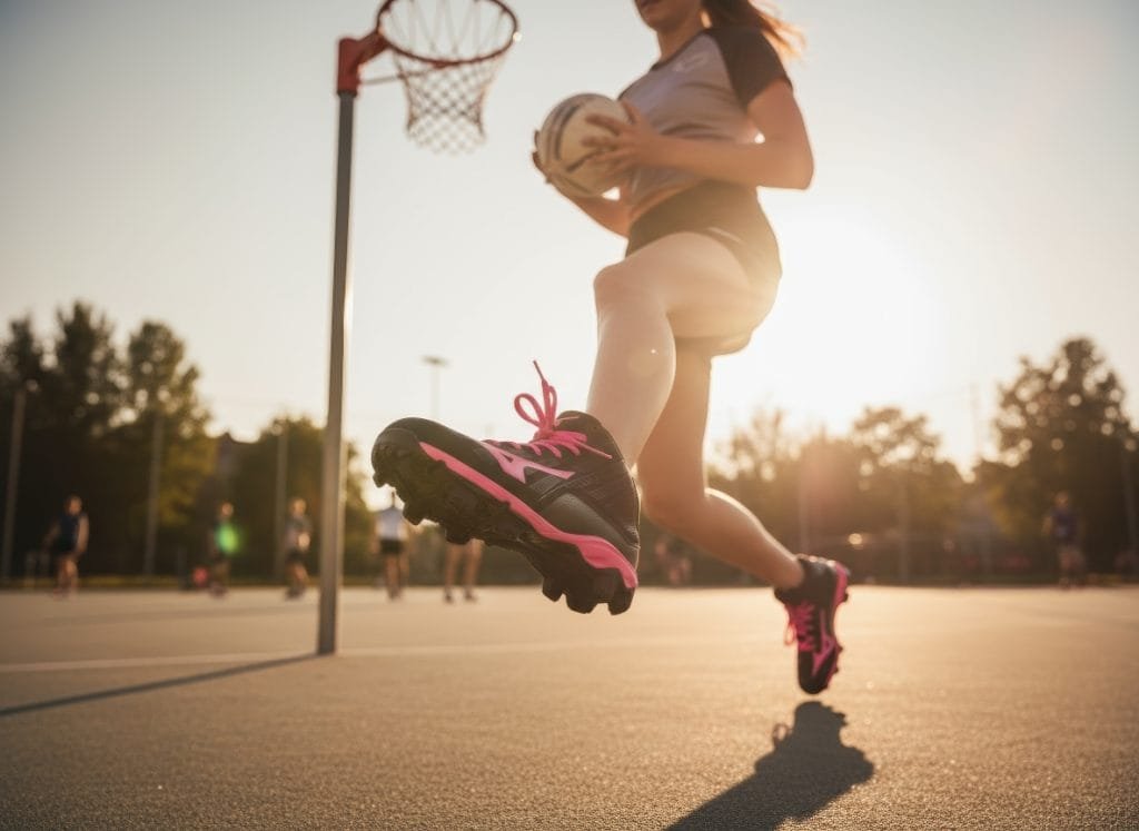 Dynamische actie foto van een vrouwelijke korfbalster die springt op een buitenveld met opvallende zwarte Mizuno korfbal schoenen met roze accenten. De duurzame zolen en levendige details zijn duidelijk zichtbaar, ideaal voor optimale grip en prestaties tijdens het spel. De warme gloed van de ondergaande zon versterkt de energie van deze AI-gegenereerde productfoto van topkwaliteit, perfect voor sportieve webshops.