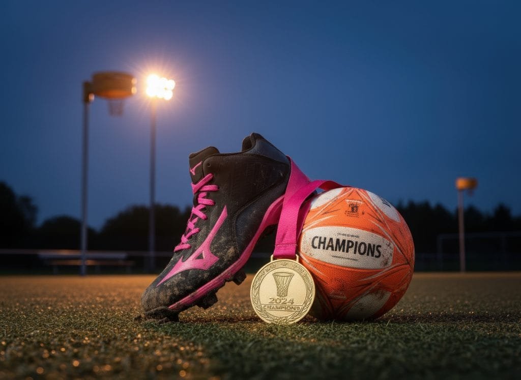 Gedetailleerde close-up van zwarte Mizuno korfbalschoenen met felroze accenten, een oranje korfbal met 'CHAMPIONS' opdruk, en een gouden '2024 CHAMPIONS' medaille, liggend op kunstgrasveld bij avondverlichting met korfbalpalen op de achtergrond. Deze afbeelding is perfect voor webshops die Mizuno korfbalschoenen en sportartikelen verkopen, geoptimaliseerd met AI productfotografie van ProductFotoAI.
