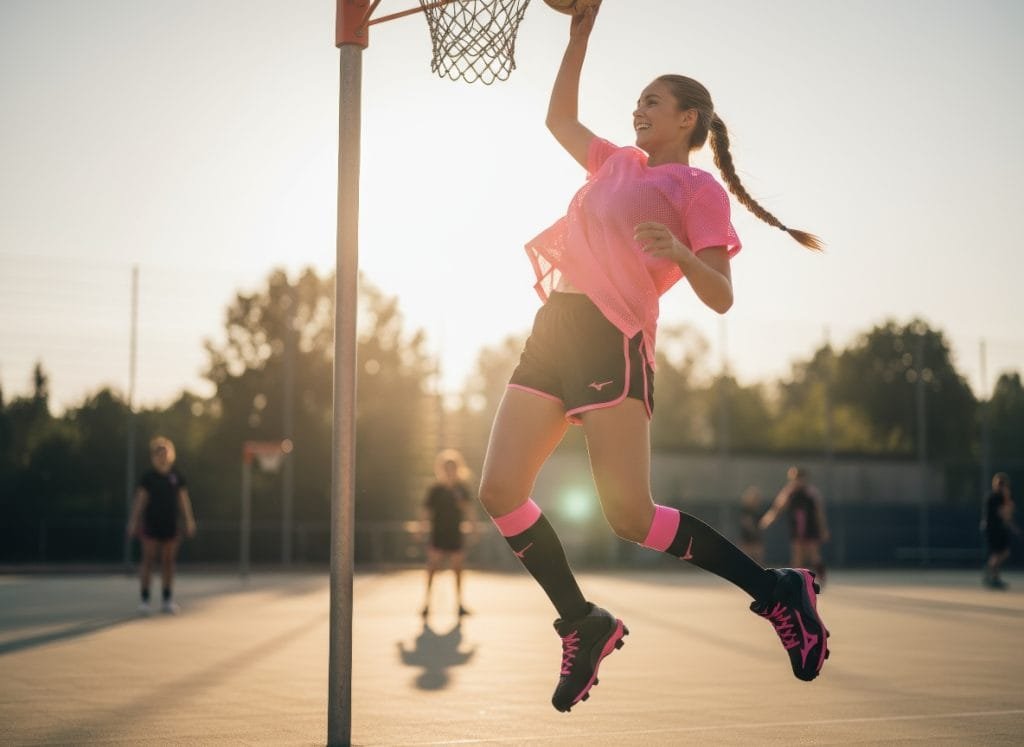 Dynamische foto van een vrouwelijke korfbalspeler die springt naar de korf, gekleed in roze en zwarte sportkleding, met focus op de zwarte Mizuno korfbalschoenen met roze accenten. De afbeelding toont actie en behendigheid op een buitensportveld tijdens zonsondergang, perfect voor e-commerce productpagina's.
