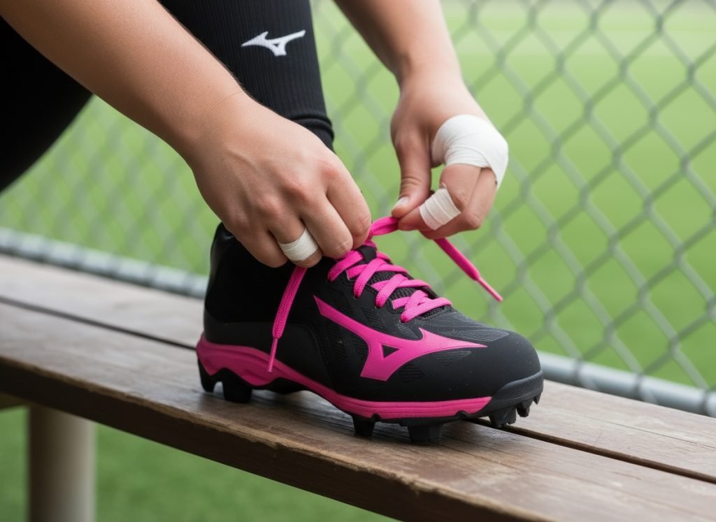 Gedetailleerde close-up van een sporter die zwarte Mizuno korfbalschoenen met felroze veters en accenten strikt, zittend op een houten bankje naast een groen sportveld met hekwerk. De schoenen hebben stevige noppen voor optimale grip, perfect gevisualiseerd door ProductFotoAI.