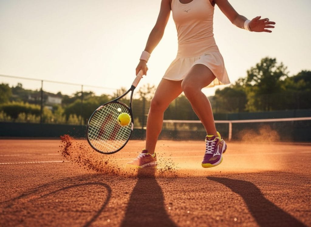 Dynamische close-up van een vrouwelijke tennisspeler in actie op een gravelbaan, met de focus op de kleurrijke Mizuno tennisschoenen in paars en geel die stof opwerpen. Deze AI-gegenereerde productfoto toont beweging en detail, ideaal voor e-commerce productpagina's die succesvol verkopen.