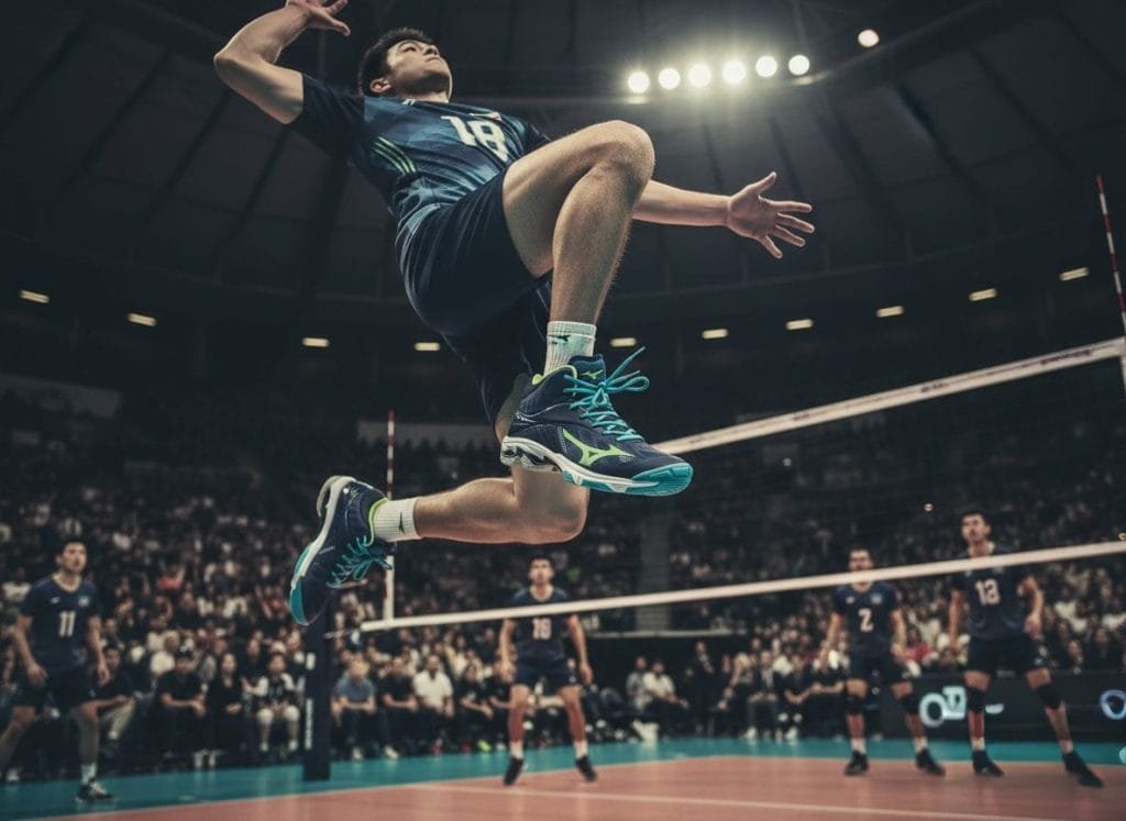 Actievolle ProductFotoAI afbeelding van een mannelijke volleyballer in een dynamische sprong, perfect in beeld gebracht. Hij draagt donkerblauwe Mizuno volleybalschoenen met opvallende turquoise veters en neongele accenten, gecombineerd met een bijpassend donkerblauw tenue. De speler bevindt zich boven het net in een professionele indoor arena, met een wazige achtergrond van een juichend publiek. Ideaal voor e-commerce productpagina's die hoogwaardige Mizuno volleybalschoenen promoten.