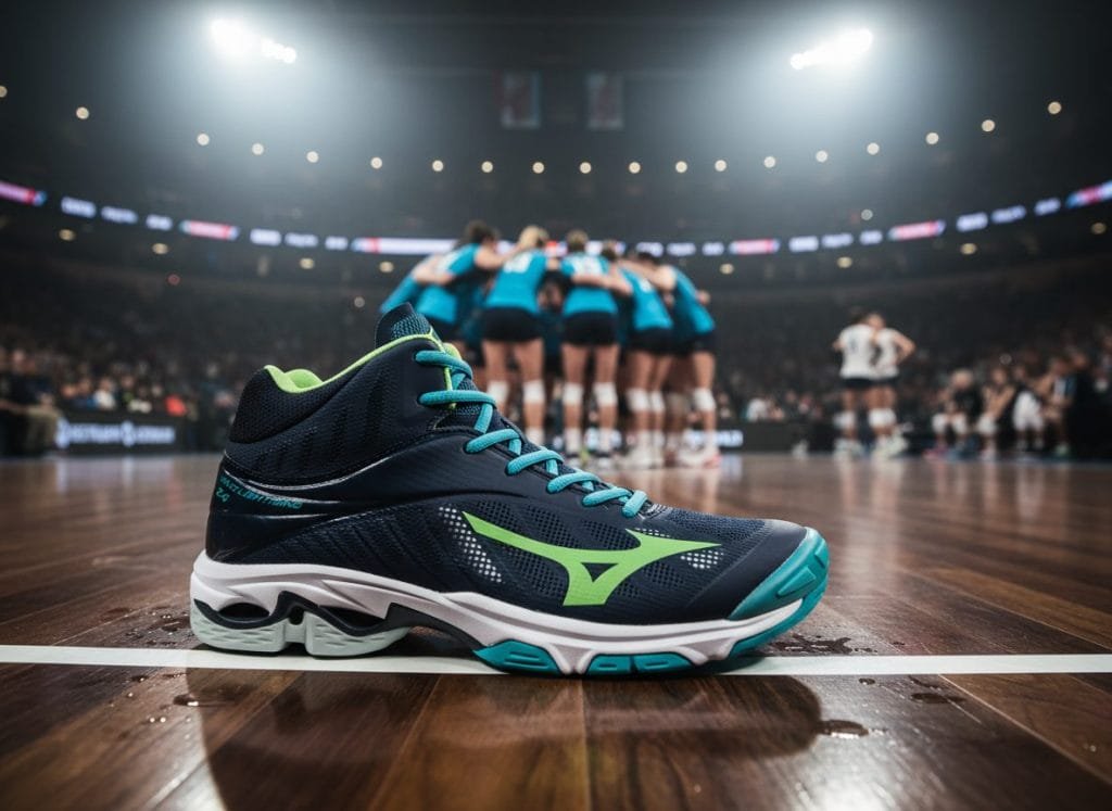 Detailopname van een donkerblauwe Mizuno Wave Lightning Z6 volleybalschoen met felgroene accenten en turquoise details, perfect gepositioneerd op een glanzende houten volleybalvloer. Op de onscherpe achtergrond is een team in een huddle zichtbaar onder de felle lichten van een arena, wat de professionele en wedstrijdbereide sfeer benadrukt. Deze hoogwaardige AI productfotografie van ProductFotoAI brengt de dynamiek van de indoorsportschoen tot leven.