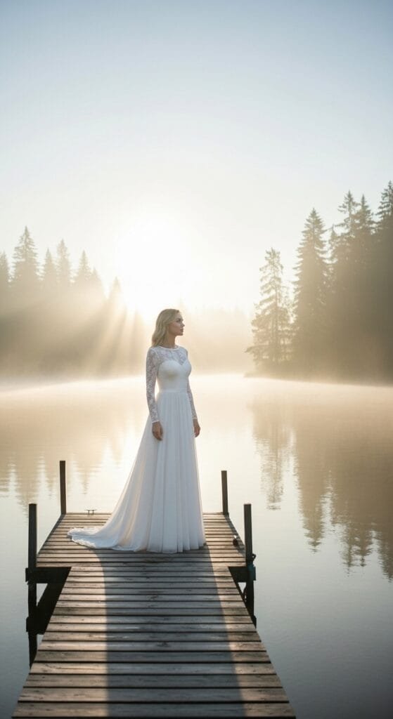 Een droomachtige productfoto van een elegante witte bruidsjurk met lange kanten mouwen, gedragen door een slanke blonde vrouw die op een houten steiger staat. De vrouw kijkt uit over een sprookjesachtig, mistig meer waar de zonsopgang door de omringende dennenbomen schijnt, wat zorgt voor een serene en romantische sfeer. Deze professionele AI-gegenereerde afbeelding is ideaal voor bruidsmode webshops en productpagina's die 'trouwjurken met kant' of 'romantische bruidsjurken' promoten.