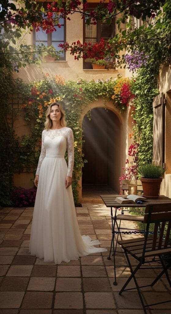 Volledige lengte portret van een stralende blonde vrouw in een elegante witte bruidsjurk met lange kanten mouwen en een vloeiende A-lijn rok, staand in een zonovergoten mediterrane binnentuin met kleurrijke bougainvillea en klimplanten, naast een rustieke houten tuinset. Deze droomjurk is perfect voor een romantische buitenceremonie.