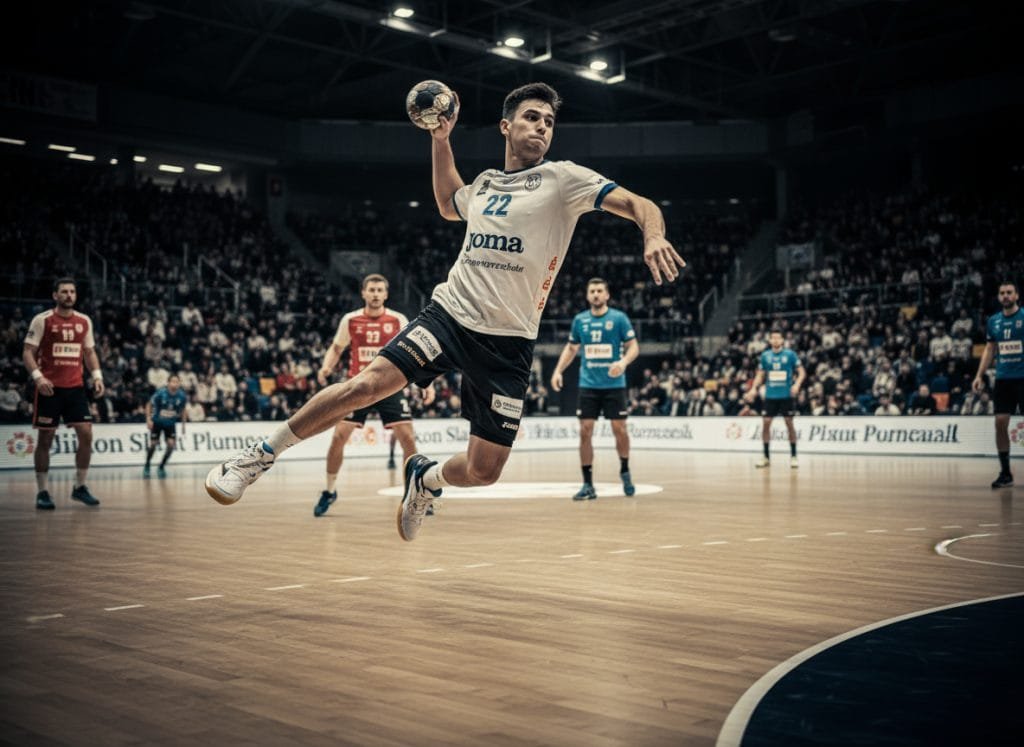 Een handbalspeler in een wit shirt en zwarte korte broek springt dynamisch in de lucht om een bal te werpen, met de focus op zijn witte handbal schoenen met blauwe details die uitstekende grip en stabiliteit bieden op de houten sportvloer. De scène toont een spannende handbalwedstrijd met publiek op de achtergrond, ideaal voor AI productfotografie.