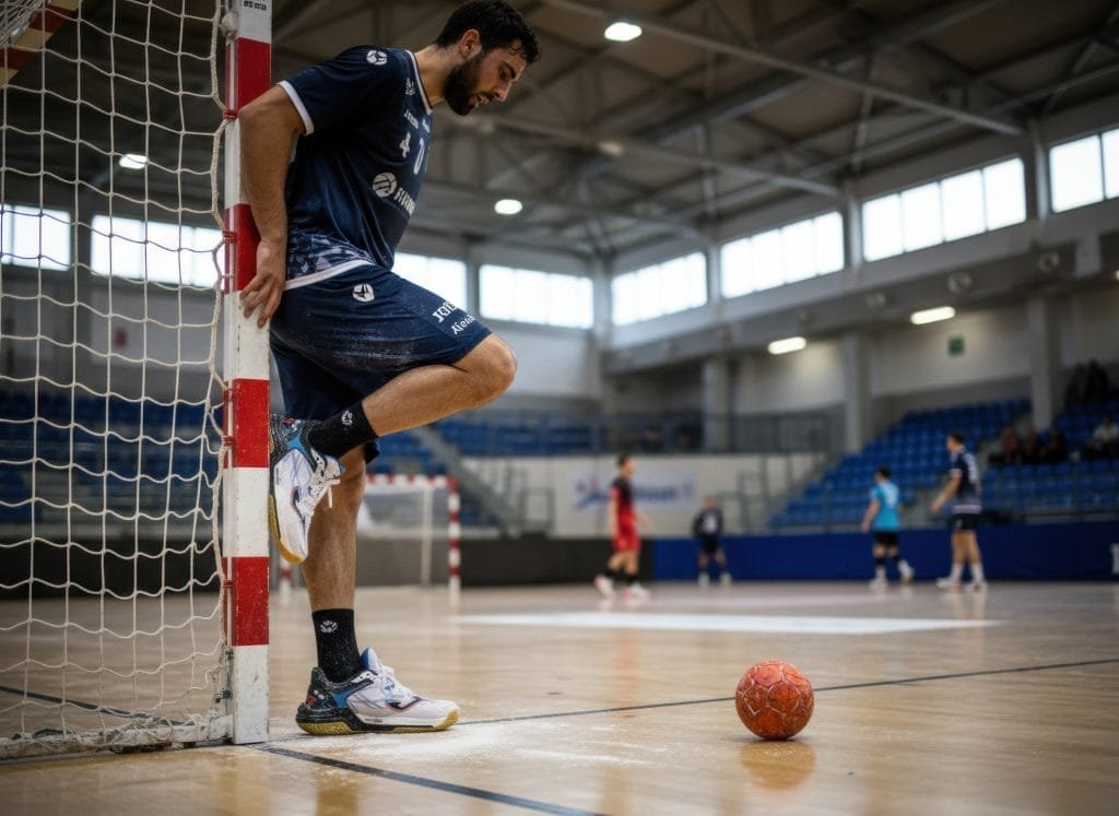 Gedetailleerde foto van witte handbal sportschoenen voor heren met opvallende blauwe en gele accenten, gedragen door een handbalspeler die rustig leunt tegen een rode doelpaal op een glimmend houten indoorveld met een handbal op de voorgrond, perfect voor optimale grip en stabiliteit tijdens zaalsporten, geoptimaliseerd met AI productfotografie.