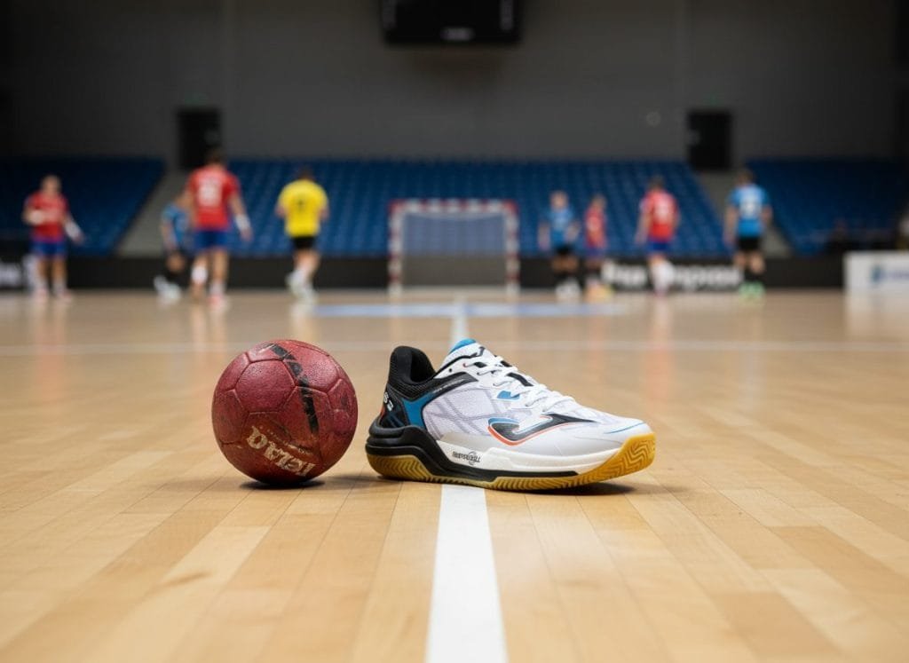Een witte moderne handbalschoen met blauwe en zwarte accenten, strategisch geplaatst naast een karakteristieke rode handbal op een heldere, houten indoor sportvloer. Op de onscherpe achtergrond zijn sporters in actie en een handbaldoel zichtbaar, wat de dynamische sfeer van de handbalsport perfect vastlegt. Deze afbeelding, gecreëerd met AI productfotografie van ProductFotoAI, benadrukt de performance en stijl van de schoen.