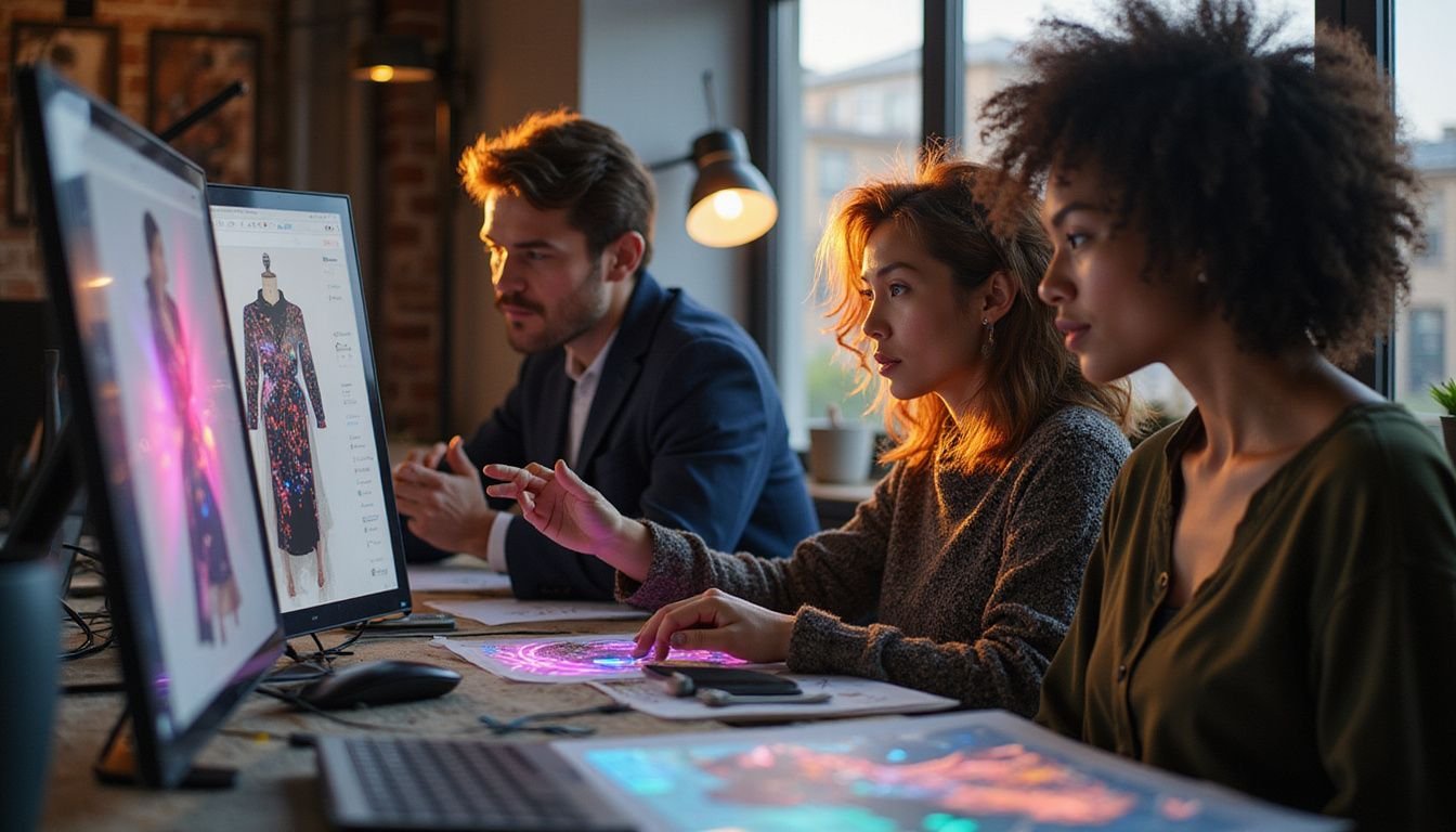 Een diverse groep modeontwerpers werkt samen aan innovatieve digitale ontwerpen.
