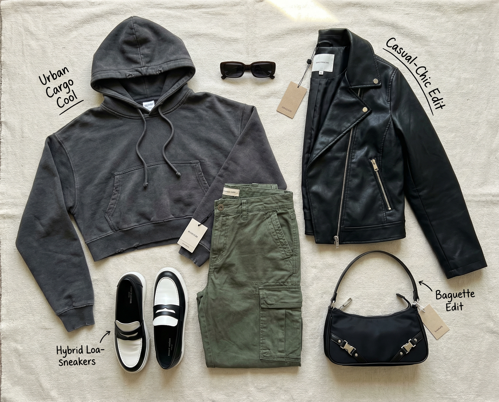 Gedetailleerde flat lay van een complete casual-chic outfit, inclusief een donkergrijze cropped hoodie met distressed details, olijfgroene cargo broek, zwart faux leren bikerjack, zwarte rechthoekige zonnebril, zwart-witte hybride loafer-sneakers en een compacte zwarte baguette handtas met zilveren gespen, alles op een lichte linnen ondergrond. Ideaal voor e-commerce met AI productfotografie.