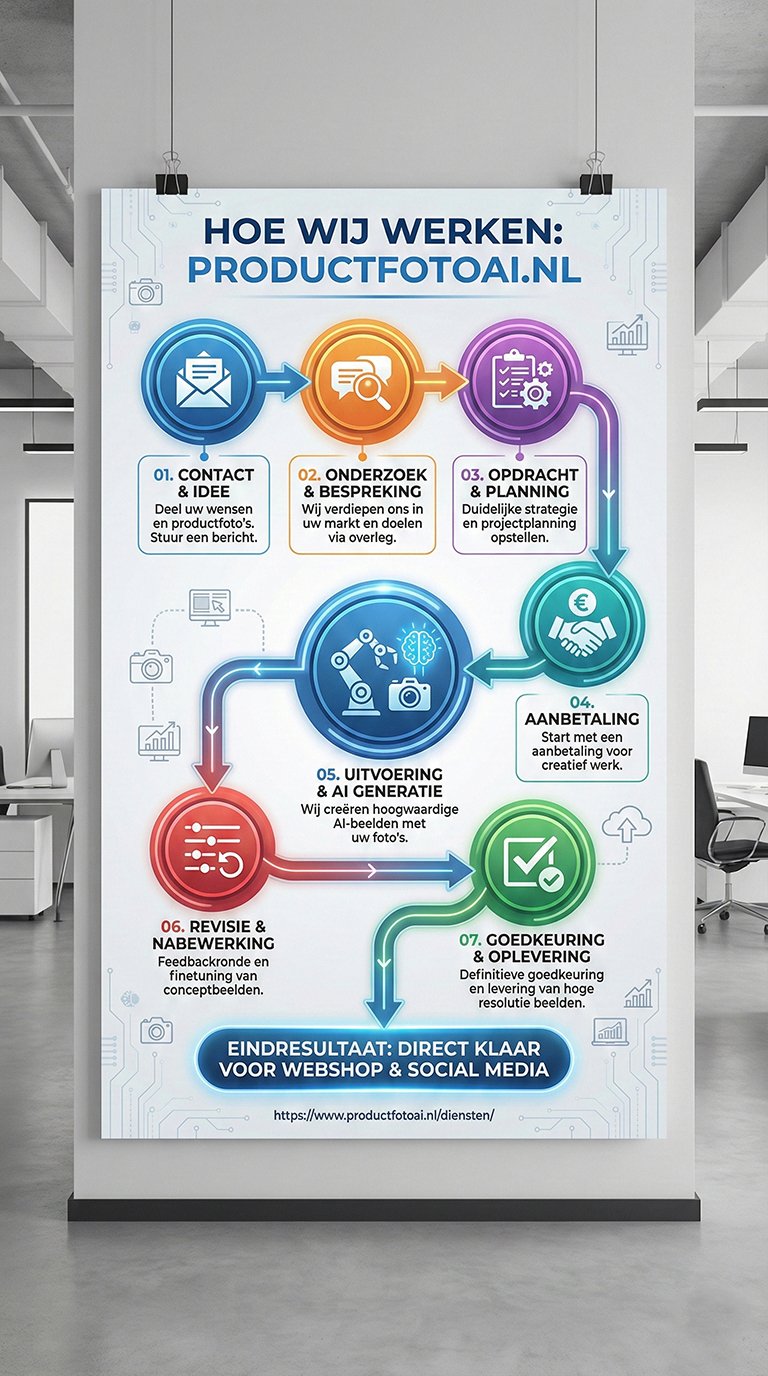 Gedetailleerd stappenplan van het ProductFotoAI.nl workflow proces, getoond op een poster in een lichte kantooromgeving. Het visuele overzicht van 7 stappen legt uit hoe klanten professionele AI-productfotografie kunnen verkrijgen, van initiële contact en onderzoek tot opdrachtplanning, aanbetaling, AI-generatie, revisie en uiteindelijke levering van kant-en-klare beelden voor webshops en social media.