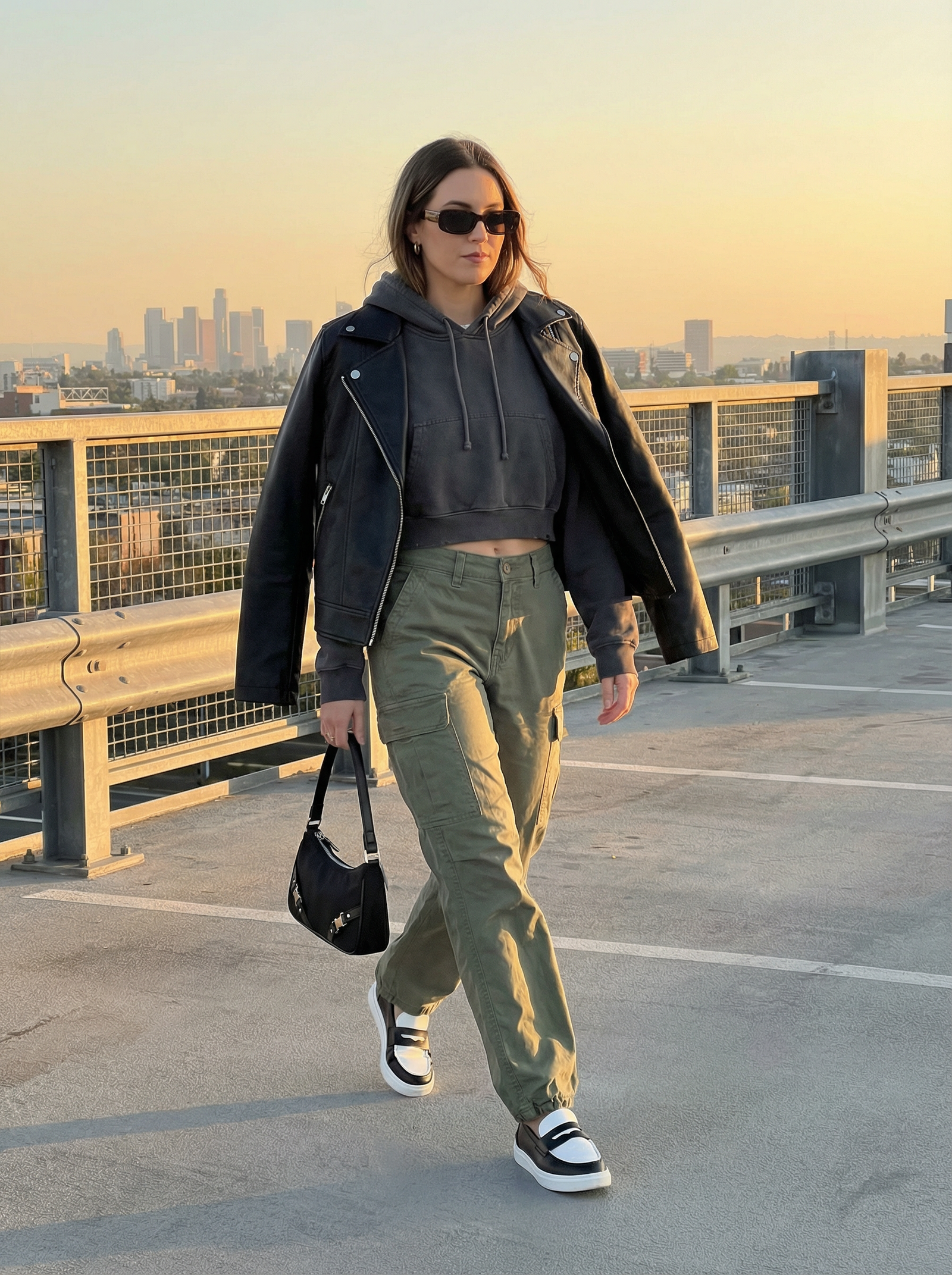 vrouw-stedelijke-mode-outfit-leer-cargo-zonsondergang-productfotoai