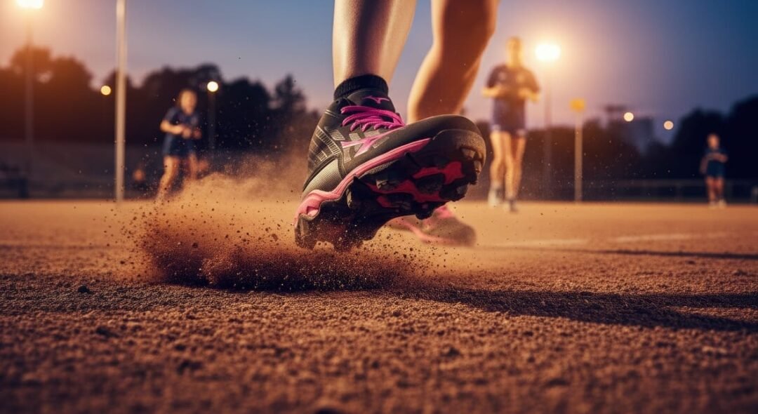 Gedetailleerde close-up van een zwarte Mizuno korfbal schoen met felroze accenten en veters, die dynamisch in actie is op een korfbalveld. Zand en aarde spatten op terwijl de speler krachtig afzet, wat de superieure grip en wendbaarheid benadrukt. Op de achtergrond zijn vaag een korfbalpaal en andere spelers te zien bij zonsondergang, verlicht door stadionlichten, wat de sportieve, actiegerichte context van deze hoogwaardige korfbalschoenen perfect weergeeft.