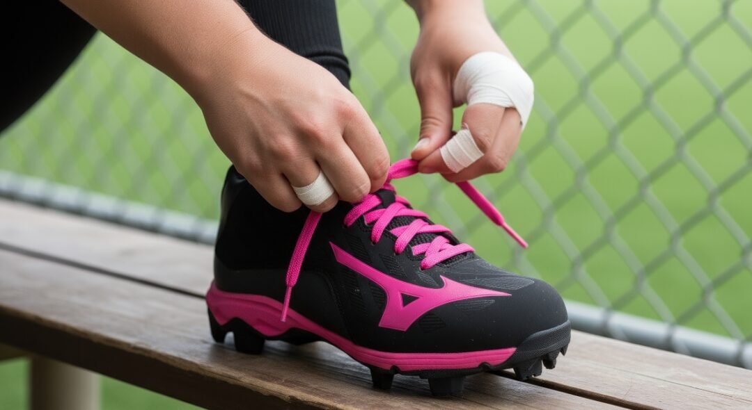 Gedetailleerde close-up van een sporter die zwarte Mizuno korfbalschoenen met felroze veters en accenten strikt, zittend op een houten bankje naast een groen sportveld met hekwerk. De schoenen hebben stevige noppen voor optimale grip, perfect gevisualiseerd door ProductFotoAI.