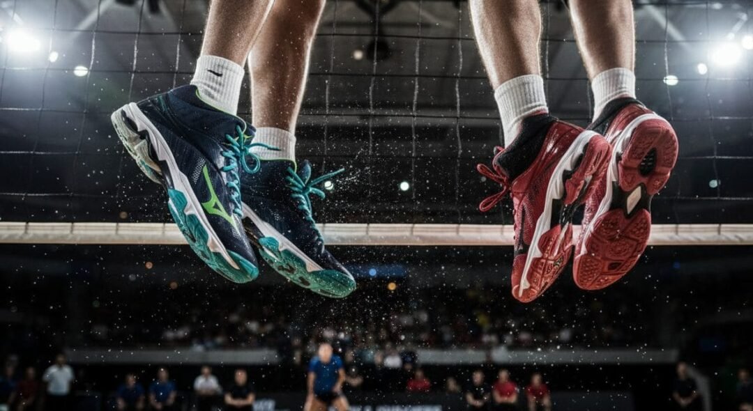 Twee paar Mizuno volleybalschoenen in actie, springend bij het net tijdens een dynamische indoor volleybalwedstrijd. Eén paar is marineblauw met groen en wit, het andere is rood met wit en zwart. De schoenen tonen grip en stabiliteit, met waterdruppels in de lucht die de intensiteit van de sprong benadrukken.