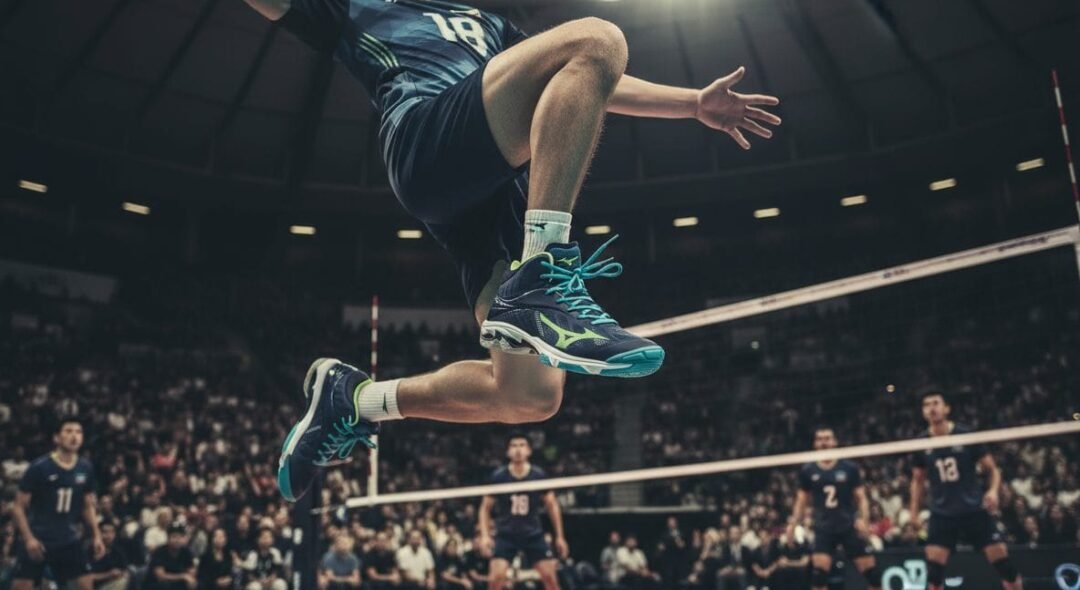 Actievolle ProductFotoAI afbeelding van een mannelijke volleyballer in een dynamische sprong, perfect in beeld gebracht. Hij draagt donkerblauwe Mizuno volleybalschoenen met opvallende turquoise veters en neongele accenten, gecombineerd met een bijpassend donkerblauw tenue. De speler bevindt zich boven het net in een professionele indoor arena, met een wazige achtergrond van een juichend publiek. Ideaal voor e-commerce productpagina's die hoogwaardige Mizuno volleybalschoenen promoten.