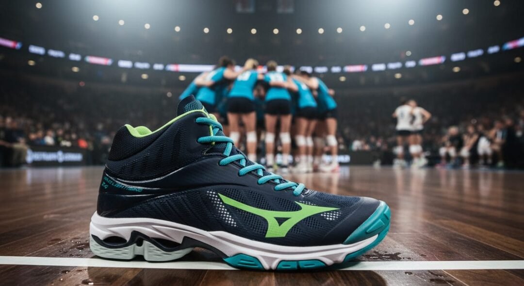 Detailopname van een donkerblauwe Mizuno Wave Lightning Z6 volleybalschoen met felgroene accenten en turquoise details, perfect gepositioneerd op een glanzende houten volleybalvloer. Op de onscherpe achtergrond is een team in een huddle zichtbaar onder de felle lichten van een arena, wat de professionele en wedstrijdbereide sfeer benadrukt. Deze hoogwaardige AI productfotografie van ProductFotoAI brengt de dynamiek van de indoorsportschoen tot leven.
